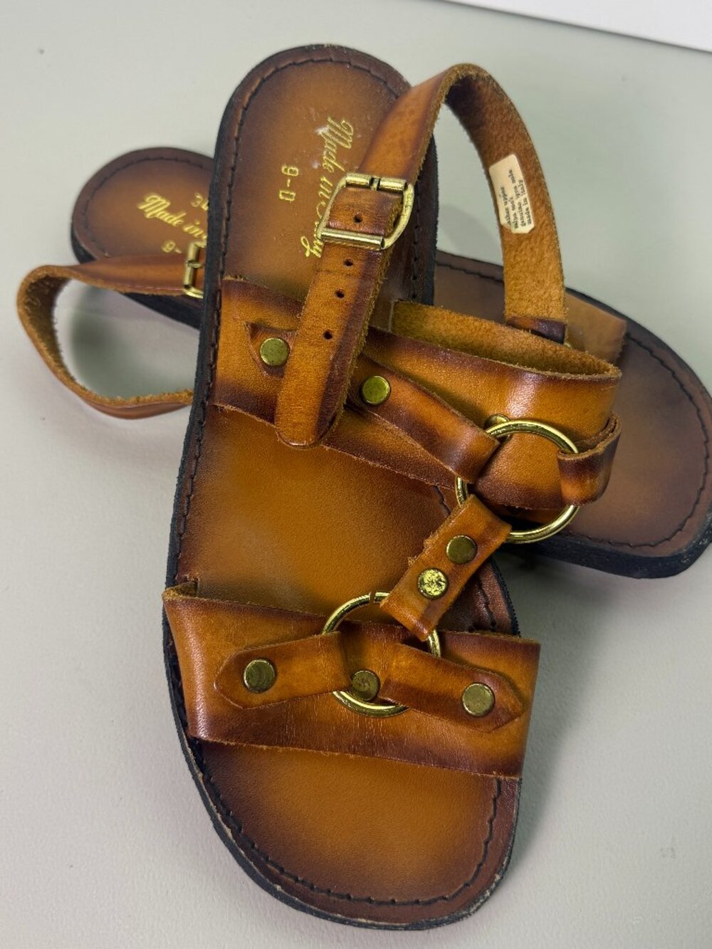 Vintage 70s Italian Leather O-Ring Tyre Sole Jesus Sandals 9 D